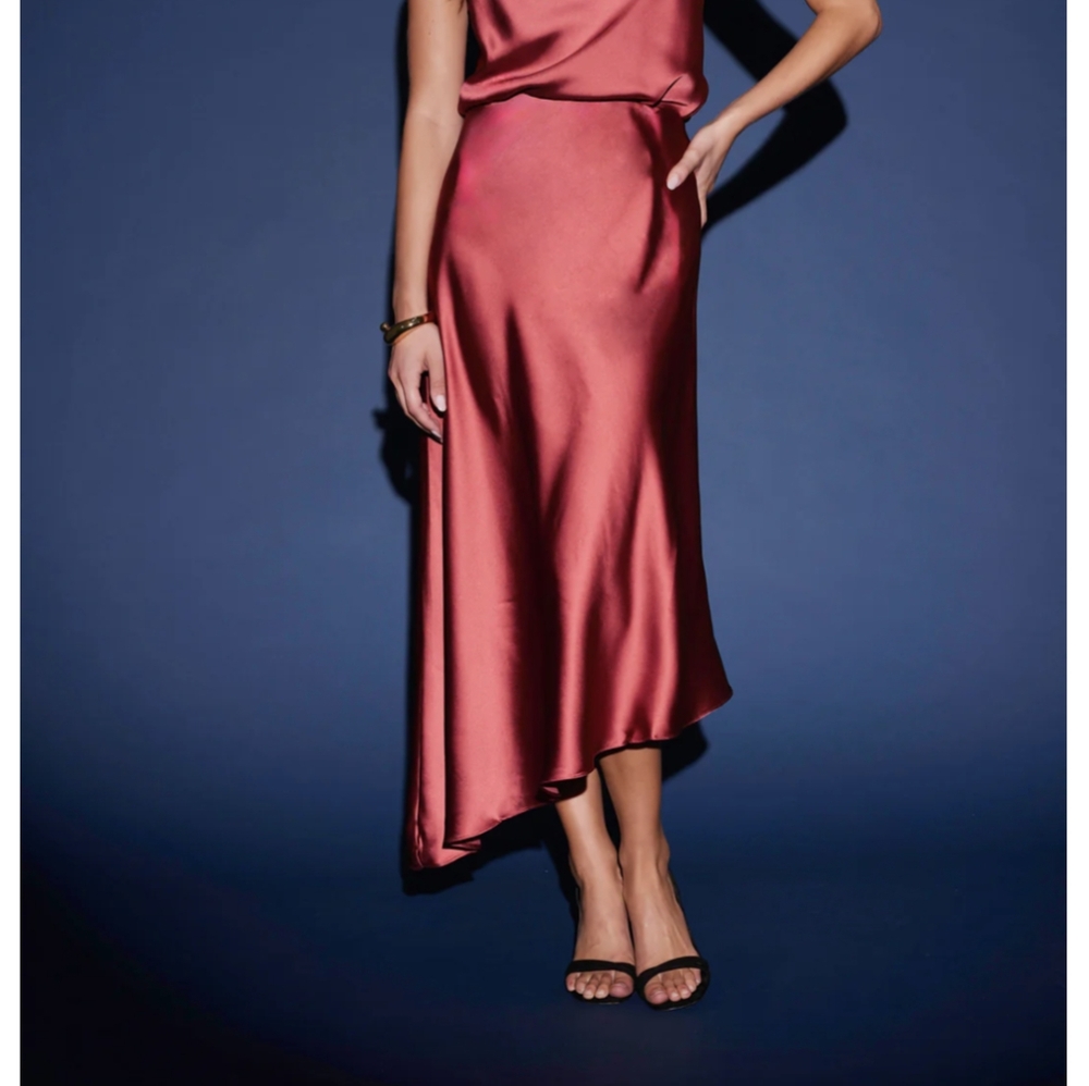 NWT Bishop + Young Bias Cut Slip Skirt Crimson Red Asymmetrical Ruffles XS-S-M-L